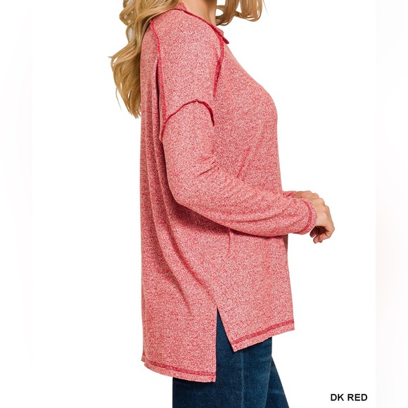 Zenana Dk Red Soft Melange Hacci Exposed Seam Hi-Low Tee - Picture 2 of 3